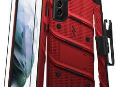 Zizo Bolt Cover - Pancerne etui Samsung Galaxy S21+ 5G ze szkłem 9H na ekran + podstawka & uchwyt do paska (czerwony/czarny)