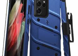Zizo Bolt Cover - Pancerne etui Samsung Galaxy S21 Ultra 5G ze szkłem 9H na ekran + podstawka & uchwyt do paska (niebieski/czarny)