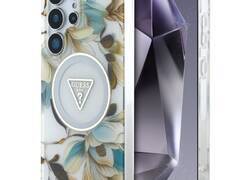 Guess Glitter Flowers Triangle Buttons MagSafe - Etui do Samsung Galaxy S25 Ultra (biały)
