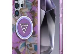 Guess Glitter Flowers Triangle Buttons MagSafe - Etui do Samsung Galaxy S25 Ultra (fioletowy)