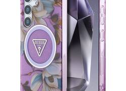 Guess Glitter Flowers Triangle Buttons MagSafe - Etui do Samsung Galaxy S25 (fioletowy)