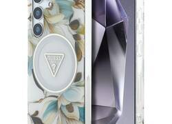Guess Glitter Flowers Triangle Buttons MagSafe - Etui do Samsung Galaxy S25 (biały)