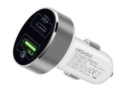 Momax UC - Ładowarka samochodowa USB-C Power Delivery 36 W + USB-A QC 3.0 (White)