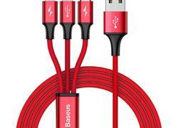 Baseus Rapid - Kabel połączeniowy 3w1, 2 x Lightning + USB + micro USB, 1.2 m (czerwony)