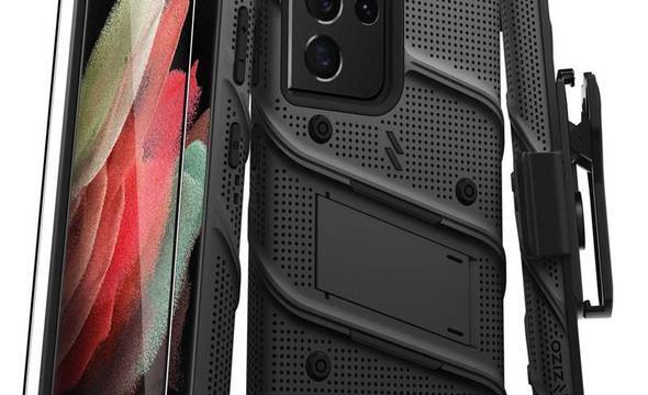 Zizo Bolt Cover - Pancerne etui Samsung Galaxy S21 Ultra 5G ze szkłem 9H na ekran + podstawka & uchwyt do paska (czarny) - zdjęcie 1