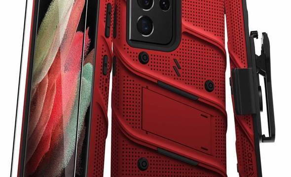 Zizo Bolt Cover - Pancerne etui Samsung Galaxy S21 Ultra 5G ze szkłem 9H na ekran + podstawka & uchwyt do paska (czerwony/czarny) - zdjęcie 1