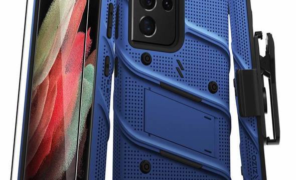 Zizo Bolt Cover - Pancerne etui Samsung Galaxy S21 Ultra 5G ze szkłem 9H na ekran + podstawka & uchwyt do paska (niebieski/czarny) - zdjęcie 1