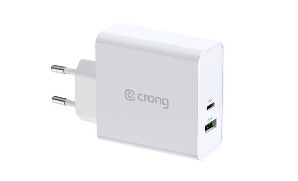 Crong Dual-Port Travel Charger – Ładowarka sieciowa USB-A + USB-C Power Delivery 45W (biały) - zdjęcie 1