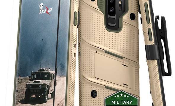 Zizo Bolt Cover - Pancerne etui Samsung Galaxy S9+ ze szkłem 9H na ekran + podstawka & uchwyt do paska (Desert Tan/Camo Green) - zdjęcie 1