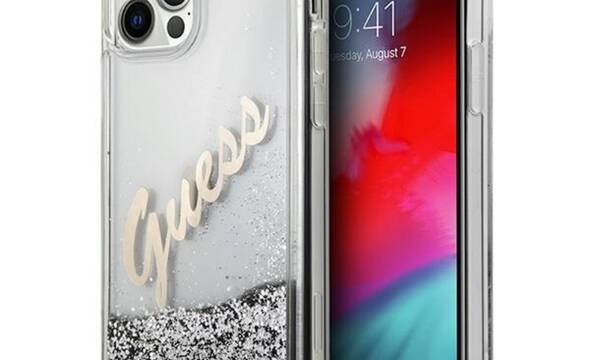 Guess Glitter Vintage Script - Etui iPhone 12 Pro Max (srebrny) - zdjęcie 1