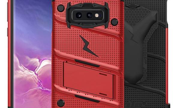 Zizo Bolt Cover - Pancerne etui Samsung Galaxy S10e ze szkłem 9H na ekran + podstawka & uchwyt do paska (Red/Black) - zdjęcie 1