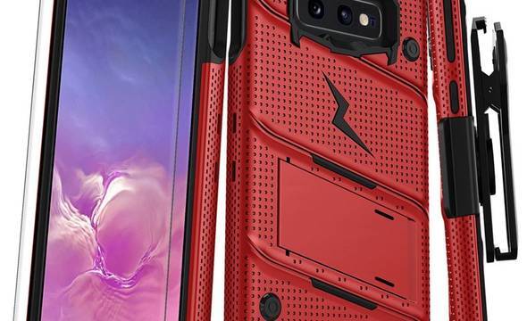 Zizo Bolt Cover - Pancerne etui Samsung Galaxy S10e ze szkłem 9H na ekran + podstawka & uchwyt do paska (Red/Black) - zdjęcie 3