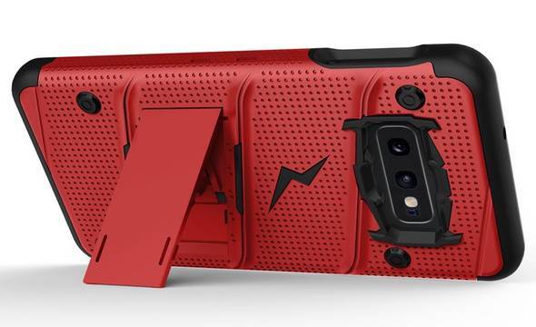 Zizo Bolt Cover - Pancerne etui Samsung Galaxy S10e ze szkłem 9H na ekran + podstawka & uchwyt do paska (Red/Black) - zdjęcie 5