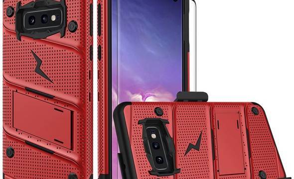 Zizo Bolt Cover - Pancerne etui Samsung Galaxy S10e ze szkłem 9H na ekran + podstawka & uchwyt do paska (Red/Black) - zdjęcie 6