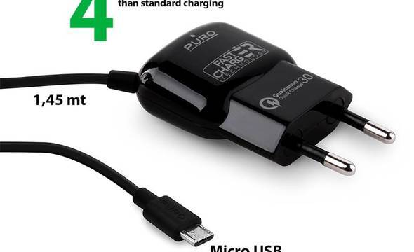 PURO Fast Compact Mini Travel Charger - Uniwersalna ładowarka sieciowa z kablem Micro USB, 2 A, Qualcomm QC 3.0 (czarny) - zdjęcie 1