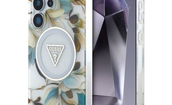 Guess Glitter Flowers Triangle Buttons MagSafe - Etui do Samsung Galaxy S25 Ultra (biały) - zdjęcie 1