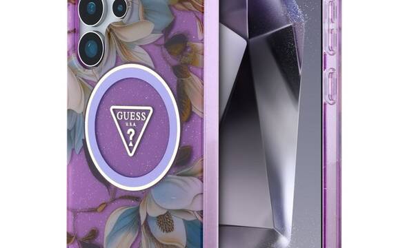 Guess Glitter Flowers Triangle Buttons MagSafe - Etui do Samsung Galaxy S25 Ultra (fioletowy) - zdjęcie 1