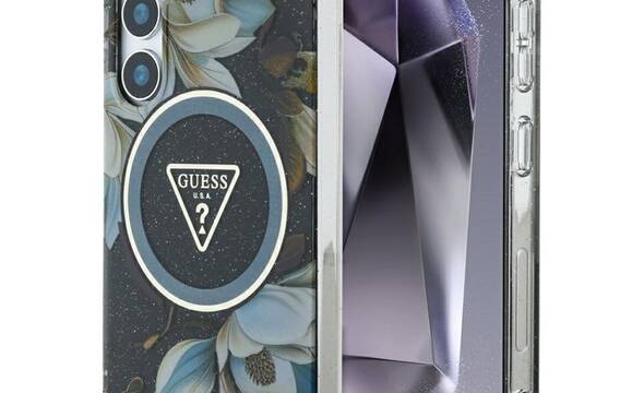Guess Glitter Flowers Triangle Buttons MagSafe - Etui do Samsung Galaxy S25 (czarny) - zdjęcie 1