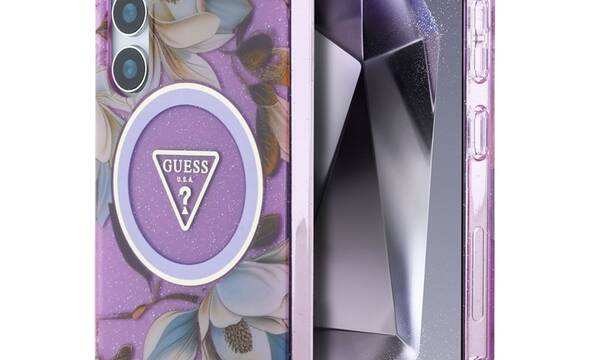 Guess Glitter Flowers Triangle Buttons MagSafe - Etui do Samsung Galaxy S25 (fioletowy) - zdjęcie 1