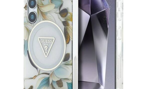 Guess Glitter Flowers Triangle Buttons MagSafe - Etui do Samsung Galaxy S25 (biały) - zdjęcie 1