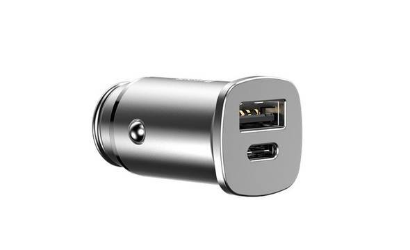 Baseus Square - Ładowarka samochodowa USB-A QC 4.0 + USB-C PD 3.0, 30 W (srebrny) - zdjęcie 1