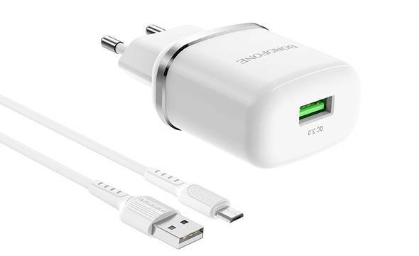 Borofone - ładowarka sieciowa 18W z QC3.0, FCP, AFC, kabel micro USB 1m w zestawie, biały - zdjęcie 1